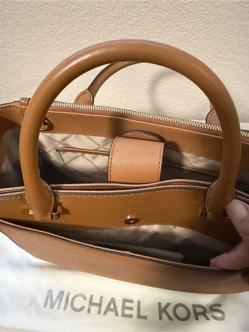 Michael Kors Cognac Saffiano Leather Satchel with Gold Charm